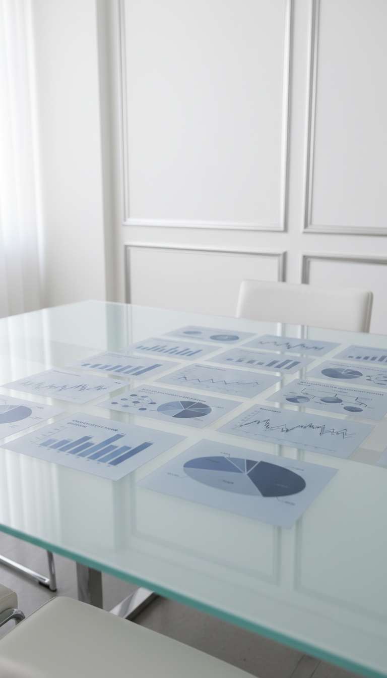 A close-up of a clean, glass tabletop with an array of financial charts and diagrams, meticulously printed in subtle grays and muted blues, spread in a balanced arrangement. The tabletop sits within a minimalist meeting room, visible through a backdrop of neat white walls and chrome accents, contributing to a sense of structure. Cool, diffused morning natural light filters in from an unseen window, gently illuminating the pages and creating soft reflections on the glass. The image is composed from a slightly elevated angle with a shallow depth of field focusing on the details of the charts. The overall look is clean, corporate, and tailored for a professional education context.