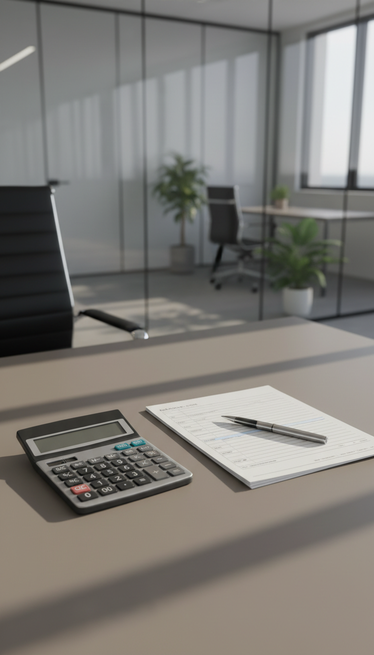 A minimalist desktop arrangement featuring an elegant, graphite-gray calculator, a stack of pristine, off-white balance sheets, and a silver pen—all arranged precisely on a smooth taupe workspace. The environment is an orderly, glass-walled office with ample ambient natural light streaming in, adding a gentle gradient of brightness across surfaces. The lighting is diffused, with subtle highlights on metallic elements and soft shadows framing the objects. Captured from an eye-level perspective with rule-of-thirds composition, the mood is focused and calm, supporting clarity and thoughtful financial planning. The overall style is photographic realism with a clean, professional aesthetic aligned to corporate education.