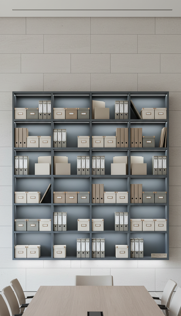 A structured wall-mounted shelving system in matte slate, displaying a series of labeled, neutral-hued office boxes, binders, and portfolios with metallic accents. Positioned against a pale stone wall in a spacious, modern conference room, the shelving is highlighted by directed cool LED strip lighting from above, creating crisp illumination and highlighting geometric order. The composition is shot straight-on, emphasizing symmetry and balance. The atmosphere is organized and serene, suggesting systematic learning and resourcefulness. The clean lines, photographic realism, and muted color palette reinforce the professionalism of the Freedom5one Institute.